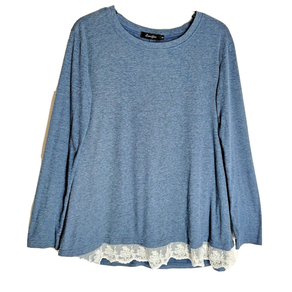Sanifer Women's Tunic Top Blue Long Sleeve Crew Neck Lace Trim Hem Size Small